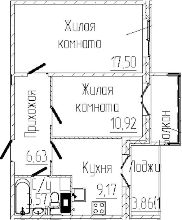 2-комнатная квартира 50.77 м², 3/8 эт., ЖК «SERTOLOVO PARK»